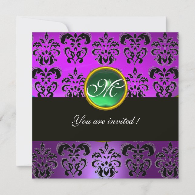 PURPLE BLACK  DAMASK MONOGRAM,green emerald Invitation (Front)