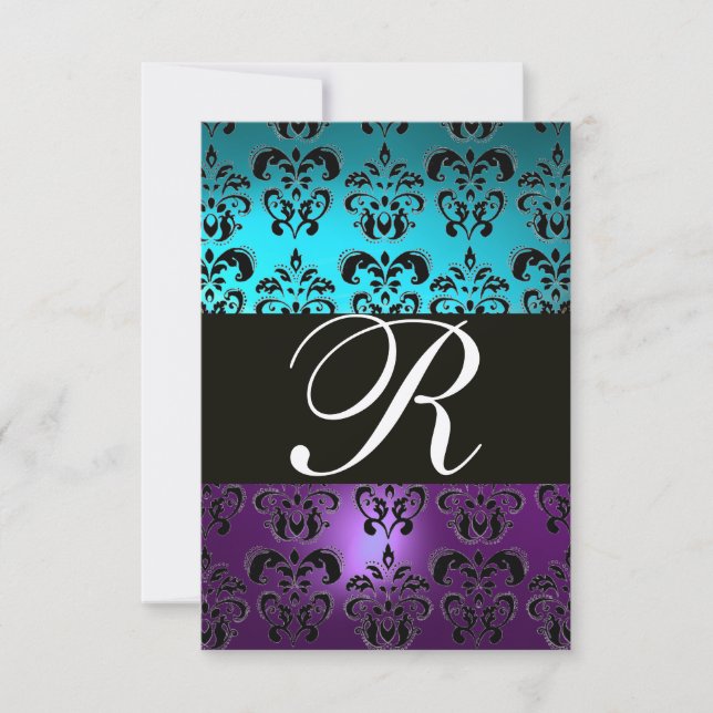 PURPLE BLACK DAMASK MONOGRAM RSVP ,blue turquase Invitation (Front)