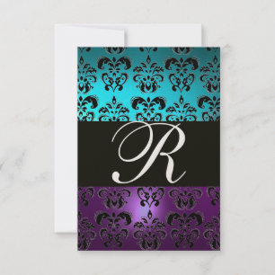 PURPLE BLACK DAMASK MONOGRAM RSVP ,blue turquase Invitation