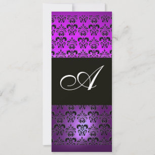 PURPLE BLACK  DAMASK MONOGRAM , white Invitation