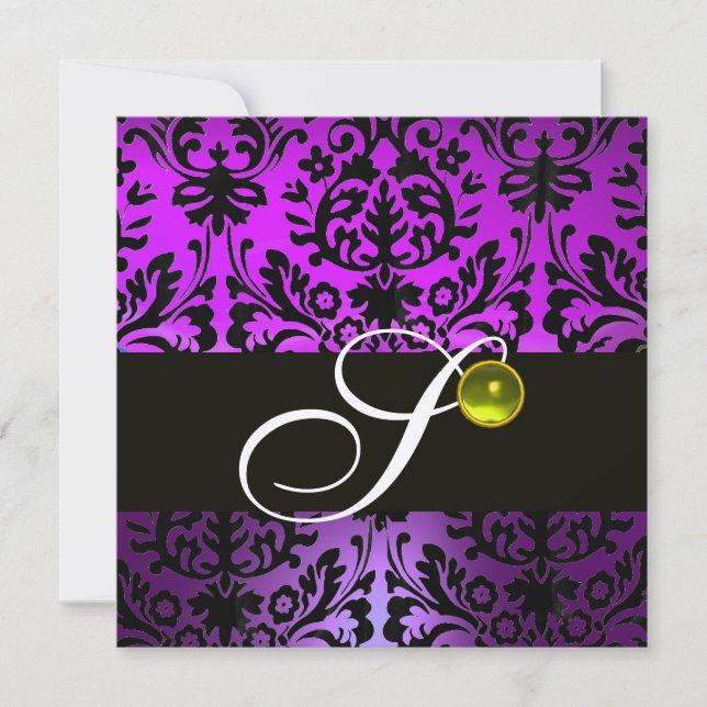 PURPLE BLACK DAMASK MONOGRAM YELLOW TOPAZ Gold Invitation (Front)