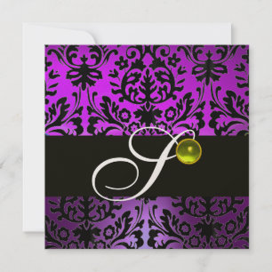 PURPLE BLACK DAMASK MONOGRAM YELLOW TOPAZ Gold Invitation