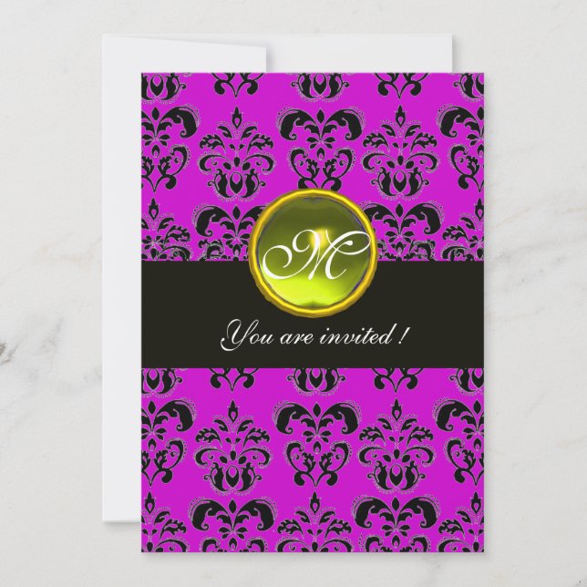 PURPLE BLACK  DAMASK MONOGRAM, yellow topaz Invitation (Front)