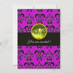 PURPLE BLACK  DAMASK MONOGRAM, yellow topaz Invitation