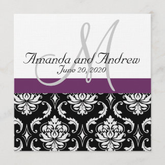 Purple Black Damask Names Wedding Invitation