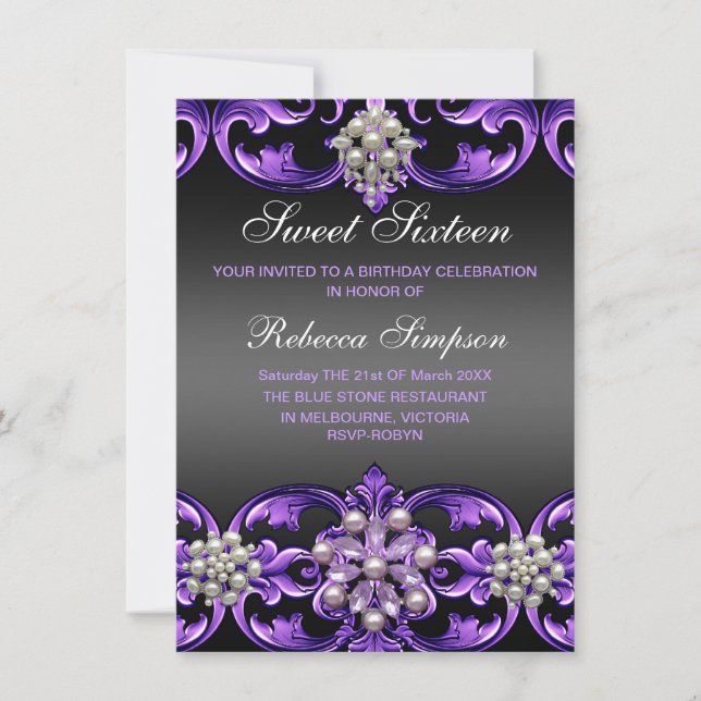 Purple/Black Damask & Pearl Sweet16 Invite (Front)