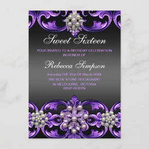 Purple/Black Damask & Pearl Sweet16 Invite
