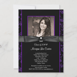 Purple Black Damask Photo Graduation Invitation