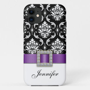 Purple Black Damask Printed Ribbon Jewel iPhone 11 Case