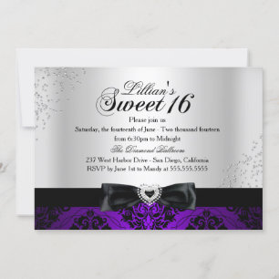 Purple Black Damask Sparkle Sweet 16 Invite