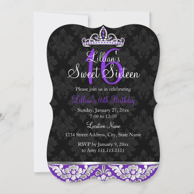 Purple Black Damask & Tiara Sweet 16 Invite (Front)