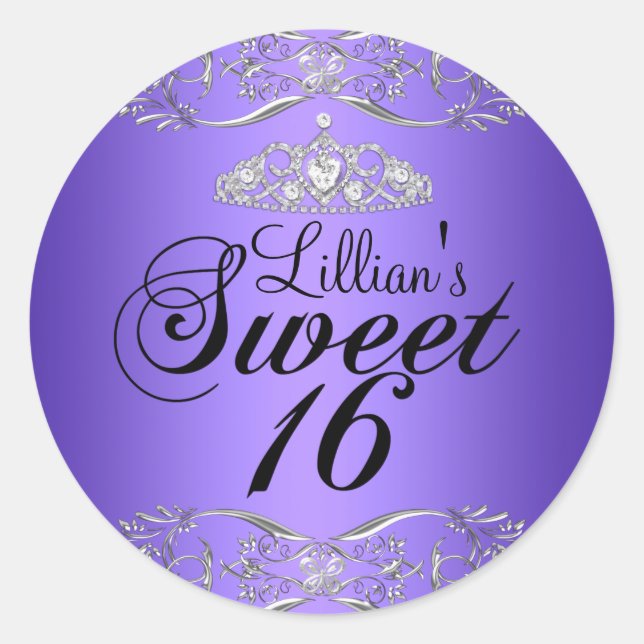 Purple Black Damask & Tiara Sweet 16 Sticker (Front)