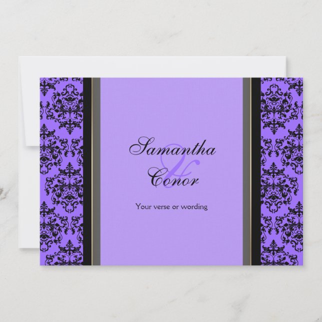 Purple black damask wedding engagement invitation (Front)