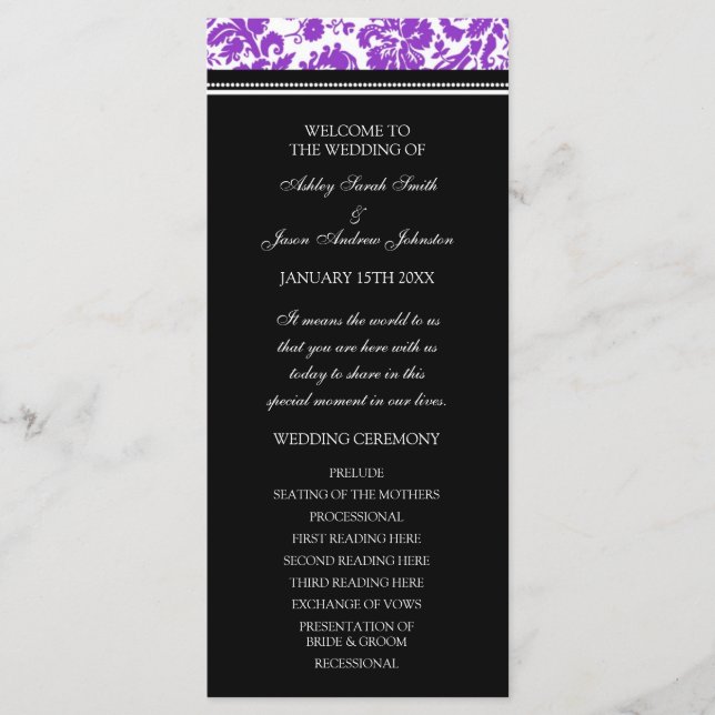 Purple Black Damask Wedding Program Programme (Front)
