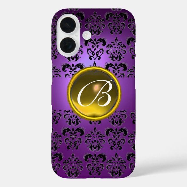 PURPLE BLACK DAMASK YELLOW GEMSTONE MONOGRAM Case-Mate iPhone CASE (Back)