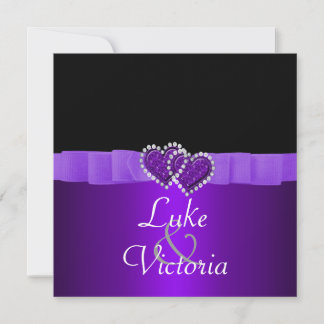 Purple & Black Diamond Locking Hearts Wedding Invitation