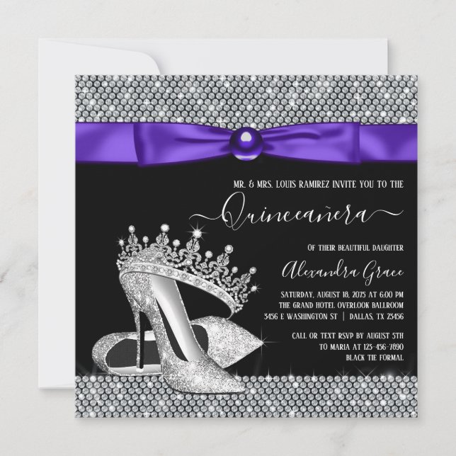 Purple Black Diamond Tiara Shoe Quinceanera Invitation (Front)
