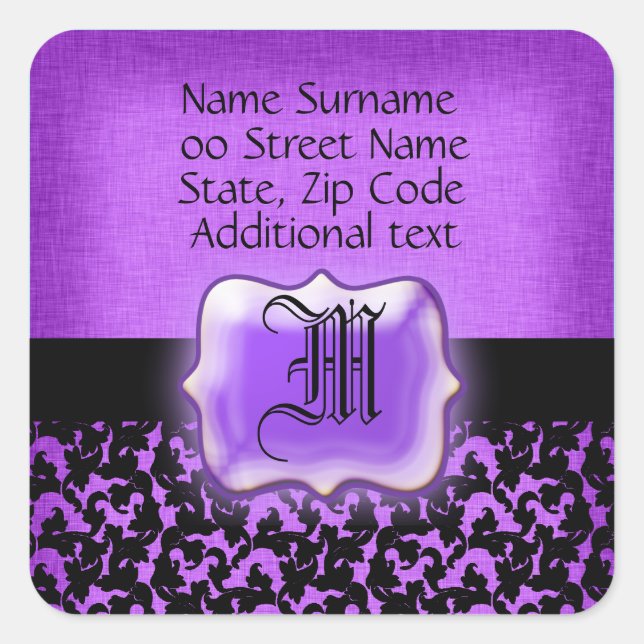 Purple black floral damask wedding square sticker (Front)