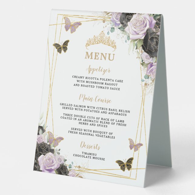 Purple Black Floral Double-Sided Food Bar Menu (Front)