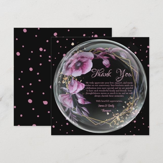  Purple & Black Floral Frame Wedding Anniversary Thank You Card (Front/Back)