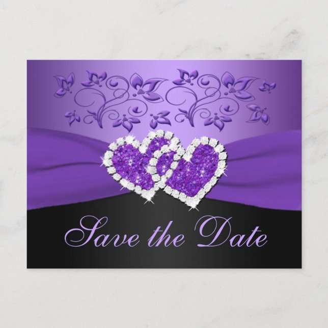 Purple Black Floral Hearts Save the Date Post Card (Front)