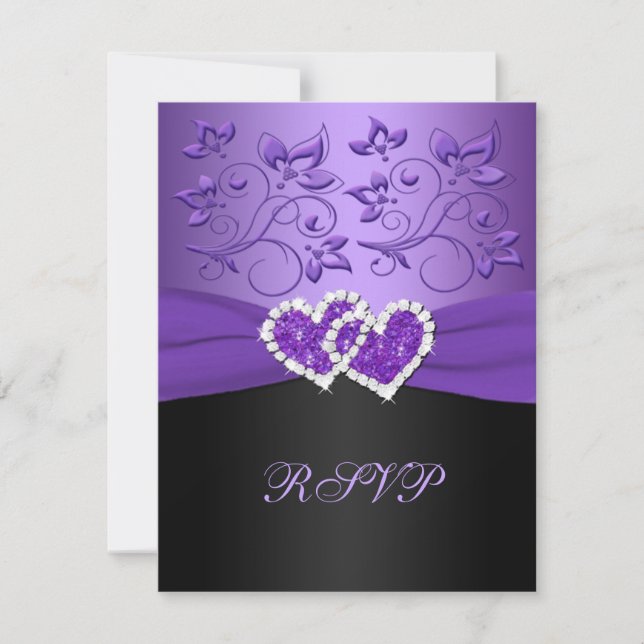 Purple Black Floral Joined Hearts RSVP Card (Front)