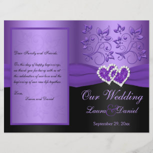 Purple, Black Floral Joined Hearts Wedding Program
