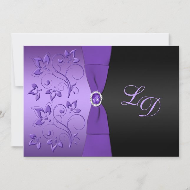 Purple, Black Floral Monogram Wedding Invitation (Front)
