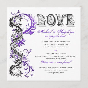Purple black floral swirl engagement invitation