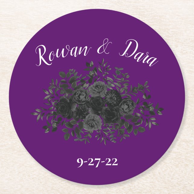 Purple Black Floral Wedding Gothic Round Paper Coaster (Front)