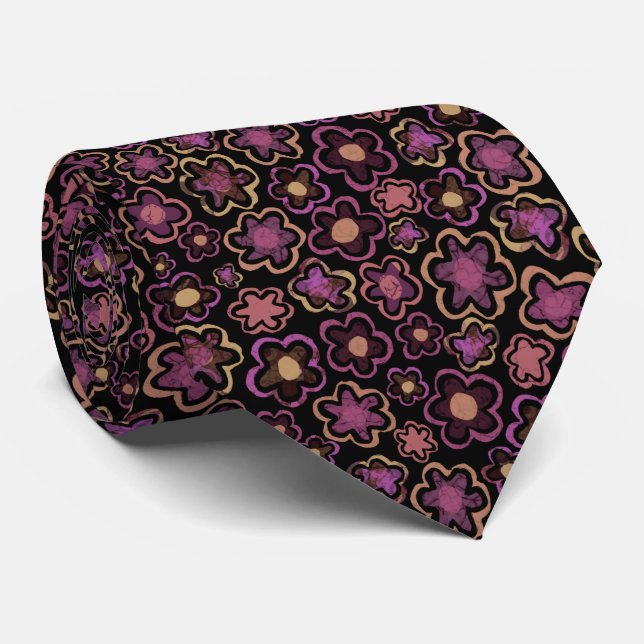 Purple Black Flower Pattern Floral Tie (Rolled)