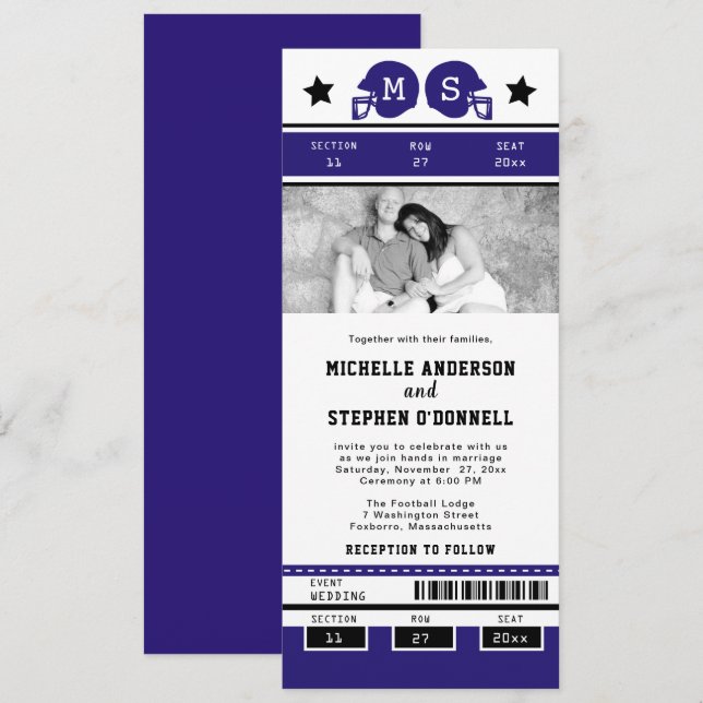 Purple Black Football Ticket Wedding Invite (Front/Back)
