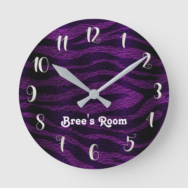 Purple & Black Funky Zebra Print Personalised Round Clock (Front)