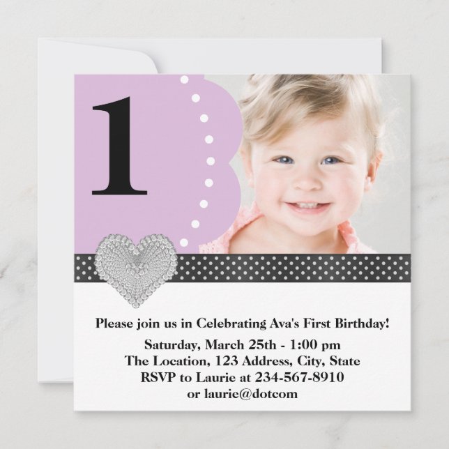 Purple Black Girls Photo 1st Birthday Party Invitation (Front)