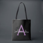 Purple Black Girly Script Monogram Name Modern Tote Bag<br><div class="desc">Black and Purple Elegant Add Your Own Name Monogram Book Bag. This Book Bag can be customised to include your initial and first name and given as a gift for Christmas,  Sweet 16 Birthday,  Bridal Shower or a Wedding.</div>