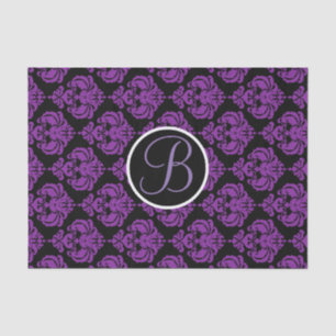 Purple & Black Glam Damask Monogram Letter Initial Tissue Paper
