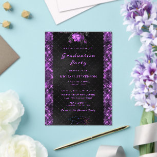 Purple Black Glitter Acrylic Graduation Invitation