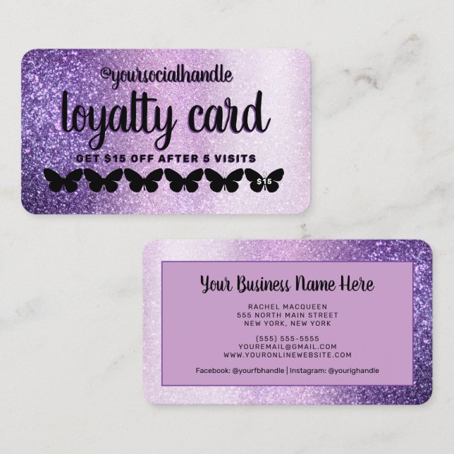  Purple Black Glitter Butterfly Customer Discount Loyalty Card (Front/Back)