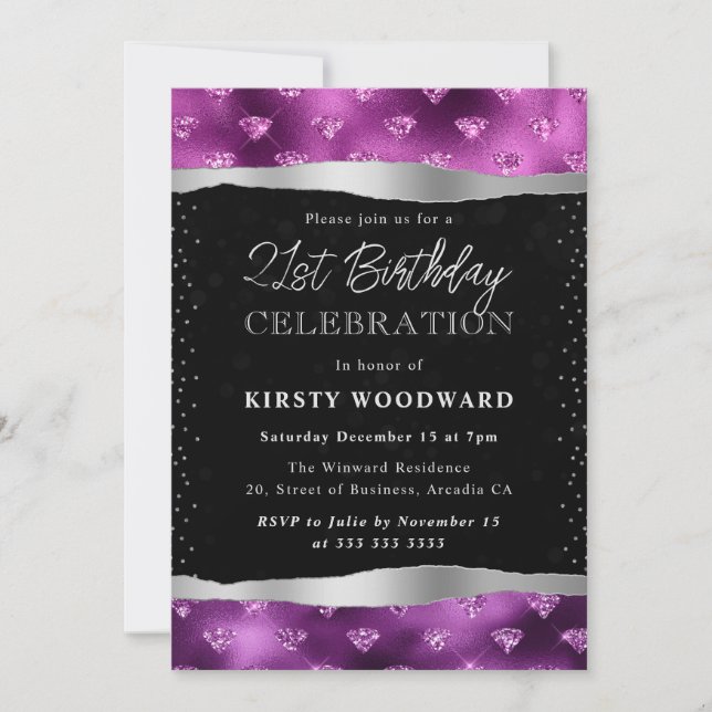 Purple & Black Glitter Diamonds 21st Birthday Invitation (Front)
