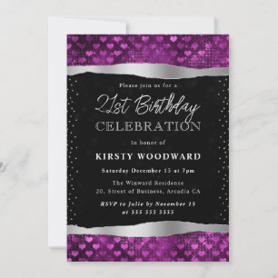 Purple & Black Glitter Hearts 21st Birthday Invitation