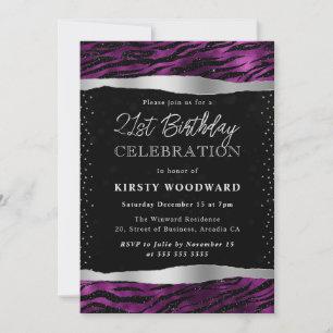 Purple & Black Glitter Tiger Stripes 21st Birthday Invitation