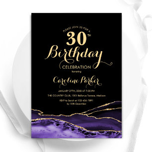 Purple Black Gold Agate 30th Birthday Invitation