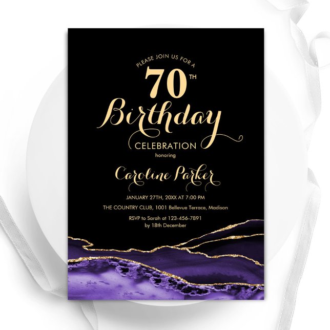 Purple  Black Gold Agate 70th Birthday Invitation (Creator Uploaded)