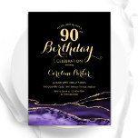 Purple Black Gold Agate 90th Birthday Invitation<br><div class="desc">Purple,  black and gold agate 90th birthday party invitation. Elegant modern design featuring watercolor agate marble geode background,  faux glitter gold and typography script font. Trendy invite card perfect for a stylish women's bday celebration. Printed Zazzle invitations or instant download digital printable template.</div>