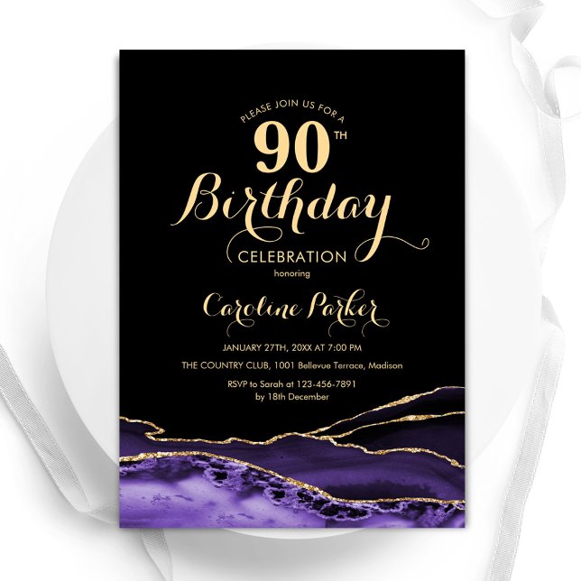 Purple Black Gold Agate 90th Birthday Invitation (Creator Uploaded)