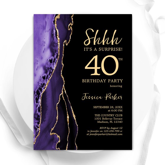 Purple Black Gold Agate Surprise 40th Birthday Invitation (Creator Uploaded)