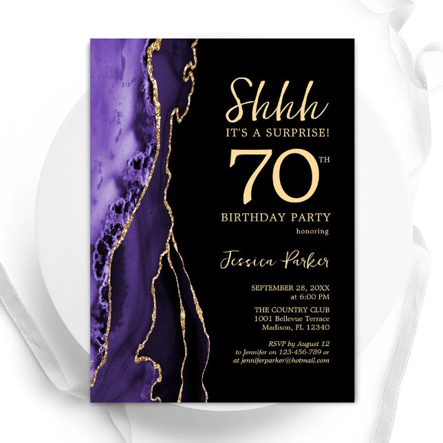 Purple Black Gold Agate Surprise 70th Birthday Invitation (Creator Uploaded)