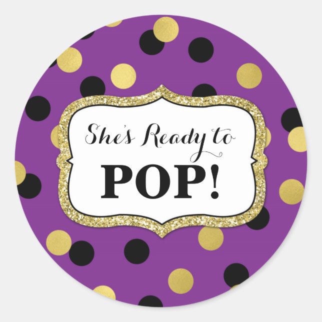 Purple Black Gold Baby Shower Ready to Pop Classic Round Sticker (Front)