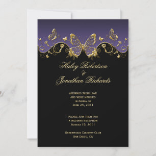 Purple Black Gold Butterflies Post Wedding Invitation