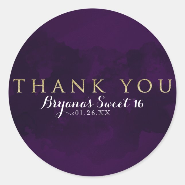 Purple Black & Gold Glam Modern Party Favour Classic Round Sticker (Front)